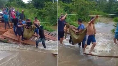 Photo of Paciente com AVC é levado em rede para atravessar ponte quebrada em busca de atendimento no Pará