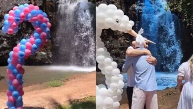 Photo of [VÍDEO] Casal decide tingir de azul água de cachoeira para revelar sexo do filho que esperam