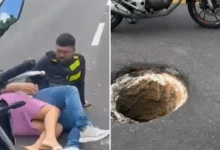 Photo of Moto por aplicativo cai em bueiro aberto na Avenida Júlio César, em Belém